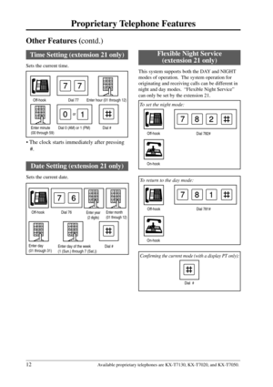 Page 1212
Proprietary Telephone Features
Available proprietary telephones are KX-T7130, KX-T7020, and KX-T7050.
Other Features (contd.)
Off-hook
Dial 782# Off-hook
On-hook
782
Dial 781#
On-hook
781
 To return to the day mode:
Dial  #
 Confirming the current mode (with a display PT only):
Flexible Night Service
(extension 21 only)
This system supports both the DAY and NIGHT
modes of operation.  The system operation for
originating and receiving calls can be different in
night and day modes.  “Flexible Night...