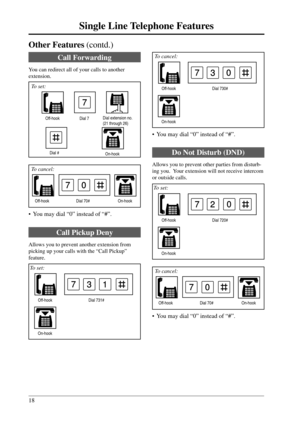 Page 1818
Single Line Telephone Features
7
Call Forwarding
You can redirect all of your calls to another
extension.
  To set: To cancel:
Do Not Disturb (DND)
Allows you to prevent other parties from disturb-
ing you.  Your extension will not receive intercom
or outside calls.
 To set:   To cancel:
Call Pickup Deny
Allows you to prevent another extension from
picking up your calls with the “Call Pickup”
feature.
 To set:
Off-hookDial extension no.
(21 through 26)
7
Dial 7
Dial #
On-hook
Off-hook
Dial 70#...