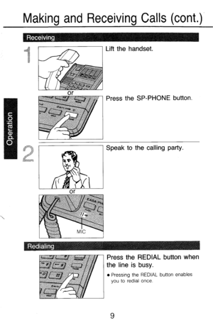 Page 16Making and Receiving Calls (cont.). 
Lift the handset. 
Press the SP-PHONE button. 
or Speak to the calling party. 
Press the REDIAL button when 
the line is busy. 
l 
Pressing the REDIAL button enables 
you to redial once. 
9  