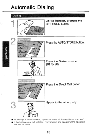 Page 20Automatic Dialing 
Lift the handset, or press the 
SP-PHONE button. 
n To change a stored number, repeat the steps of “Storing Phone numbers”. 
n If the batteries are not installed, programming and speakerphone operation 
can not be done. 
Press the AUTO/STORE button. 
Press the Station number. 
(01 to 
20) 
Press the Direct Call button. 
13  