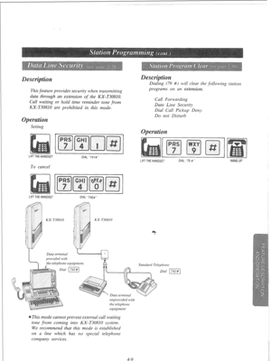 Page 102This feature provides security when transmitting 
data through an extension of the KY-T30810. 
Call waiting or hold time reminder tone from 
KX-T30810 are prohibited in this mode. Dia #) will clear the following station 
programs on an extension. 
Call Forwarding 
Data Line Security 
Dial Call Pickup Deny 
Do not Disturb 
Setting 
LIFTTHEHANDSET 
DlAL741# 
LIFFTHEHANDSET DIAL79 # HANGUP 
To cancel 
LIFTTHEHANDSET DIAL740# 
KX- T30810 KX-T30810 
This mode cannot prevent external call tilaiting 
tone from...