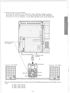 Page 172. Wiring connection of the Doorphone 
(A) Connect the doorphone to the terminal box using 4-conductor modular connectors. 
(B) Connect the wires 
of doorphone 1 to the red and green screws of the terminal box. 
(C) Connect the wires 
of doorphone 2 to the yellow and black screws of the terminal box. 
Doorphone Adaptor 
(KX-T3086OD) 
III 4-conductor wiring 
is required. 
Doorphone 1 (KX-T30865) 
The max. length of the telephone line cord that connects the KX-T30810 and the doorphone (KX-T30865) is shown...