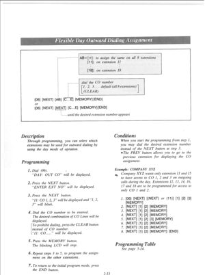 Page 32~----------‘--------- AB= ES-]: to assign the same on all 8 extensions 
1 :::I 
1 ~....~Ij 1, 2, 3. _ . . default (all 8 extensEons) 
[06] [NEXT] [iB] [C...El [MEMORY][END] 
;6] [NEXT] [NEXT] [C...E] [ 
,------until the desired extension number appears 
s 
Through programming, you can select which 
extensions may be used for outward dialing by 
using the day mode 
of opration. 
m Dial (06). 
“DAY: OUT CO” will be displayed. 
S Press the NEXT button. 
“ENTER EXT NO” will be displayed. 
3. Press the NEXT...