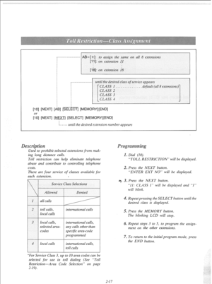 Page 36i----- until the desired extension number appears 
hibit selected extensions from mak- 
ing long distance calls. 
Toll restriction can help eliminate telephone 
abuse and contribute to controlling telephone 
costs. 
There are four service 
of classes available for 
each extension. > “TOLL RESTRICTION” will be displayed. 
. Press the NEXT button. 
“ENTER EXT NO” will be displayed. 
2 
I I 
toll calls, international calls 
local calls 
4 
I I 
local calls international calls,  international calls, 
toll...