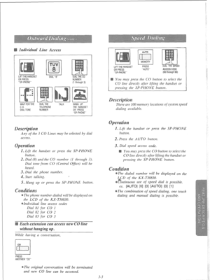 Page 59LFITHEHANDSET 
DlAL8 DIALTHECO 
ORPRESS NUMBER 
SP-PHONE (1 through 3) 
SP-PHONE 
escr 
Any of the 3 CO Lines may be selected by dial 
access. 
Lift the handset or press the SP-PHONE 
Dial (8) and the CO number (1 through 3). 
Dial tone from CO (Central Office) will be 
heard. 
. Dial the phone number. 
. Start talking. , 
5. Hang up or press the SP-PHONE button. 
ne number dialed will be displayed on 
the LCD of the KX-T30830. 
Individual line access codes 
Dial 81 for CO 1 
Dial 82 for CO 2 
Dial 83...