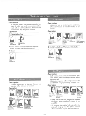 Page 97to leave your phone unattended but 
want the caller you are in conversation with to 
wait, call on hold may be used. Intercom and 
outside calls may be placed on hold. 
FLASH 
CONFIRMATION 
HOOKSWITCH 
TONE 
Do not depress hookswitch for more than one 
second, or party will be disconnected. 
To Cancel 
FLASH 
HOOKSWITCH 
Allows station user to alternate between two 
parties, either intercom or outside. 
1 
FLASH DIAL SECOND CONSULT 2ND PARTY FLASH 
HOOKSWITCH PARTY IST PARTY ON HOLD HOOKSWITCH 
2ND PARTY...