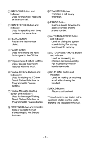 Page 11@ INTERCOM Button and 
Indicator: 
Used for making or receiving 
an intercom call. 
@CONFERENCE Button and 
Indicator: 
Used for speaking with three 
parties at the same time. 
@ REDIAL Button: 
Redials the last number 
dialed. 
@ FLASH Button: 
Used for sending the hook 
flash signal to the CO line. 
@ Programmable Feature Buttons: 
Dial or access the system 
features with one touch. 
@ Flexible CO Line Buttons and 
Indicators*: 
Used for dialing via CO line, 
Direct Station Selection, or 
Programmable...