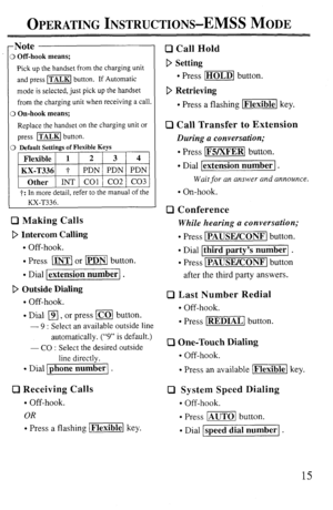 Page 19OPERATING INSTRUCTIONS-EMSS MODE 
-Note 
I) Off-hook means; 
Pick up the handset from the charging unit 
and press m button. If Automatic 
mode is selected, just pick up the handset 
from the charging unit when receiving a call. 
3 On-hook means; 
Replace the handset on the charging unit or 
press ml button. 
3 Default Settings of Flexible Keys 
Flexible 1 2 3 4 
KX-T336 t 
PDN PDN PDN 
]T;pO~3;~IN~’ CO1 j CO21 
CO31 1 
n more detail refer to the manual of the 
0 Making Calls 
D Intercom Calling 
....