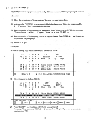 Page 162-5 Use of F2 (COPY) Key 
F2 (COPY) is used to copy parameters of items (by CO lines, extensions, CO line groups or jack numbers). 
 
(1) Move the cursor to one of the parameters of the group you want to copy from. 
(2) After pressing F2 (COPY), the group turns highlighted and a message “Enter start range xxxx No. 
[ I” appears. “Xxxx” can be Jack, CO, TRG etc. 
(3) Enter the number of the first group you want to copy from. When you press ENTER key a message 
“Enter end range xxxx No. [ 1” appears....