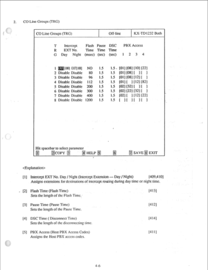 Page 31CO Line Groups (TRG) 
CO Line Groups (TRG) Off-line KX-TD 1232 Both 
T Intercept 
Flash Pause DSC PBX Access 
R EXT No. Time Time Time 
G Day Night (msec) (set) (set) I 2 3 4 
1 il@N wcrjl@l 
2 Disable Disable 
3 Disable Disable 
4 Disable Disable 
5 Disable Disable 
6 Disable Disable 
7 Disable Disable 
8 Disable Disable NO 1.5 1.5 . [Ol] [08] [lo] [223 
80 1.5 1.5 
[0111081[ I[ 1 
96 1.5 1.5 WI lo81 [121[ 1 
112 1.5 1.5 WI I 11121 WI 
200 1.5 1.5 WI 1321 [ 1 t 1 
300 1.5 1.5 1021 t221 1321[ I 
400 1.5...