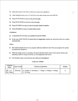 Page 42(2) Move the cursor to lhc field in which you want to scl a paramctcr. 
(3) After editing the data, 
press F7 (SAVE) to save them on the screen into DB MC. 
(4) Press F5 (P-PAGE) to rctum to the previous page. 
(5) Press F6 (N-PAGE) to advance to the next page. 
(6) Press F2 (COPY) to copy the data of one jack number in another. 
(7) Press F8 (EXIT) to return to Station Menu screen. 
 
(1) A maximum of 8 CO lines are available for the 816. 
(2) the case of KX-TD1232, the Batch files of inapplicable...