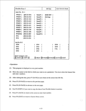 Page 50Rexible Keys 2 
Jack No. 01-l Off-line KX-TD 1232 Both 
PFOI(F1 ) W-321-9876 ] Name(F1 ) [KME-4DIv ] 
PFO2(R ) [092-321-8765 
I Name(R) [Jim Kopp ] 
PFO3(F3 ) [092-321-7654 
I Nam(F3 1 i I 
PFO4(F4 ) [092-321-6543 I Name@4 1 1 I 
PFOS(F5 ) [092-321-5432 I NamdF5 1 1 I 
PFO6(F6 ) [092-321-4321 I NamHfi) t I 
PFO7(F7 ) [092-321-3210 I NaMW [ - I 
PFO8(F8 ) [092-321-2109 I Name@ 1 1 I 
PFO9@ ) [092-321-1098 1 Name(@ ) [ 1 
PFlQFlO) . [092-321-0987 1 Name(F10 1 [ 1 
PFll 
[092-321-0876 ] 
PF12 [092-321-0765...