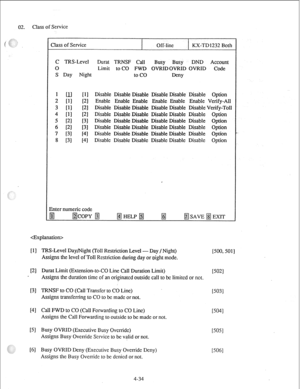 Page 5902. Class of Service 
Class of Service Off-line KX-TD1232 Both 
C TRS-Level Durat TRNSF Call Busy Busy DND Account 
0 
S Day 
1 ul 
2 111 
3 VI 
4 VI 
5 PI 
6 PI 
7 [31 
8 [31 Limit to CO FWD OVRIDOVRID OVRID Code 
Night 
to co 
tiny 
Cl1 
PI 
PI 
PI 
c31 
131 
I41 
[41 Disable Disable Disable Disable Disable Disable Option 
Enable Enable Enable Enable Enable Enable Verify-All 
Disable Disable Disable Disable Disable Disable Verify-Toll 
Disable Disable Disable Disable Disable Disable Option 
Disable...