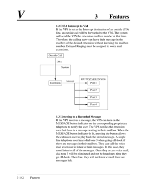 Page 2043-142 Features
V3 Features
Outside Call
System
ExtensionPort 1
Port 2
Port 3
Port 4
Intercept DISAKX-TVS75/KX-TVS100
1.2 DISA Intercept to VM
If the VPS is set as the Intercept destination of an outside (CO)
line, an outside call will be forwarded to the VPS. The system
will send the VPS the extension mailbox number at that time.
Therefore, the calling party can leave their message in the
mailbox of the desired extension without knowing the mailbox
number. Delayed Ringing must be assigned to voice mail...