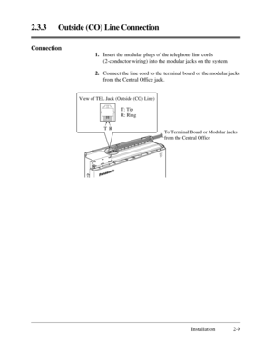 Page 332.3.3 Outside (CO) Line Connection
Installation 2-9
Connection
1.Insert the modular plugs of the telephone line cords
(2-conductor wiring) into the modular jacks on the system.
2.Connect the line cord to the terminal board or the modular jacks
from the Central Office jack.
POWER
To Terminal Board or Modular Jacks 
from the Central OfficeTRT: Tip
R: Ring
View of TEL Jack (Outside (CO) Line) 