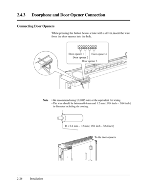 Page 502.4.3 Doorphone and Door Opener Connection
2-26 Installation
Connecting Door Openers
While pressing the button below a hole with a driver, insert the wire
from the door opener into the hole.
Note• We recommend using UL1015 wire or the equivalent for wiring.
• The wire should be between 0.4 mm and 1.2 mm {1/64 inch –   3/64 inch}
in diameter including the coating.
Door opener 1
Door opener 2
Door opener 3Door opener 4
To the door openers
D = 0.4 mm – 1.2 mm {1/64 inch – 3/64 inch} 