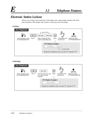 Page 1163-60Telephone Features
E3.2 Telephone Features
Any Telephone
#
Lift the handset or press 
SP-PHONE/MONITOR.Dial 77. Hang up or press 
SP-PHONE/MONITOR.Enter a 4-digit lock code 
(0000 through 9999) twice.Dial #.
77lock codelock code
same code
Confirmation tone 
and dial tone

Lock code
• Single line telephone users can dial “0” instead of “#”.
Locked : xxxx
Any Telephone
Lift the handset or press 
SP-PHONE/MONITOR.Dial 77. Hang up or press 
SP-PHONE/MONITOR.Enter the same lock code 
you used to lock the...