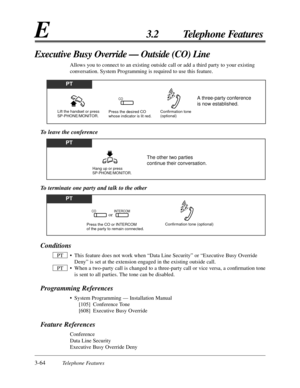 Page 1203-64Telephone Features
E3.2 Telephone Features
Conditions
• This feature does not work when “Data Line Security” or “Executive Busy Override
Deny” is set at the extension engaged in the existing outside call.
• When a two-party call is changed to a three-party call or vice versa, a conﬁrmation tone
is sent to all parties. The tone can be disabled.
Programming References
• System Programming — Installation Manual
[105] Conference Tone
[608] Executive Busy Override
Feature References
Conference
Data Line...