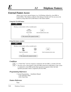 Page 1223-66Telephone Features
E3.2 Telephone Features
Conditions
• A “Flash Time” must be assigned as required by the host PBX, or outside (CO) line.
• You may access some features of the host PBX using the FLASH button. If the system
is connected to a host PBX and the ﬂash operation is required, follow the ﬂash
operation procedure which is required by the host PBX.
Programming References
• System Programming — Installation Manual
[110] Flash Key Mode
[418] Flash Time
Feature Reference
Flash PT
PT
External...