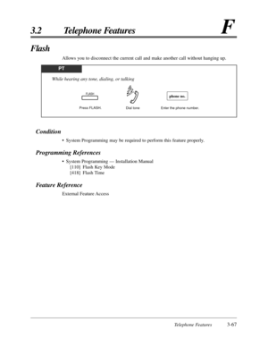 Page 123Telephone Features3-67
3.2 Telephone FeaturesF
Condition
• System Programming may be required to perform this feature properly.
Programming References
• System Programming — Installation Manual
[110] Flash Key Mode
[418] Flash Time
Feature Reference
External Feature Access
Flash
Allows you to disconnect the current call and make another call without hanging up.
PT
Press FLASH.Enter the phone number.
FLASHphone no.
While hearing any tone, dialing, or talking
Dial tone 