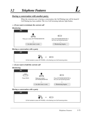 Page 131Telephone Features3-75
3.2 Telephone FeaturesL
Having a conversation with a party
PT
Lift the handset or press SP-PHONE, or the flashing Live Call Screening button.
or
During a conversation with another party;
When the extension user is having a conversation, the Call Waiting tone will be heard if
Call Waiting has been enabled. The Live Call Screening indicator light ﬂashes.
— If you want to terminate the current call
Monitoring
— If you want to hold the current call
Monitoring
PT
Hang up or press...