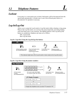 Page 133Telephone Features3-77
3.2 Telephone FeaturesL
Lockout
If one party in a conversation goes on-hook, both parties will be disconnected from the
speech path automatically. A reorder tone is sent to the off-hook party before it is
disconnected. No operation is necessary.
Log-In/Log-Out
Allows you to assign the Log-In mode or Log-Out mode within a hunting or ring group.
When in the Log-Out mode, you can leave the group temporarily, preventing hunting
calls from being sent to your extension. The lighting...