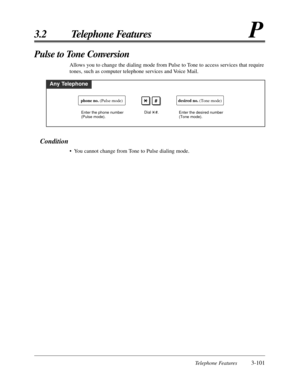 Page 157Telephone Features3-101
3.2 Telephone FeaturesP
Condition
• You cannot change from Tone to Pulse dialing mode.
Pulse to Tone Conversion 
Allows you to change the dialing mode from Pulse to Tone to access services that require
tones, such as computer telephone services and Voice Mail.
Any Telephone
#
Dial    #.Enter the phone number 
(Pulse mode).
phone no. (Pulse mode)desired no. (Tone mode)
Enter the desired number 
(Tone mode). 