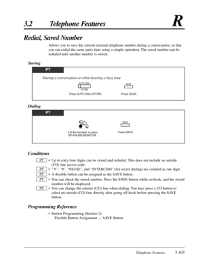 Page 159Telephone Features3-103
3.2 Telephone FeaturesR
Conditions
• Up to sixty-four digits can be stored and redialed. This does not include an outside
(CO) line access code.
• “ ”, “#”, “PAUSE”, and “INTERCOM” (for secret dialing) are counted as one digit.
• A ﬂexible button can be assigned as the SAVE button.
• You can check the stored number. Press the SAVE button while on-hook, and the stored
number will be displayed.
• You can change the outside (CO) line when dialing. You may press a CO button to
select...