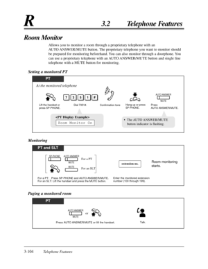Page 1603-104Telephone Features
R3.2 Telephone Features
Room Monitor
Allows you to monitor a room through a proprietary telephone with an
AUTO ANSWER/MUTE button. The proprietary telephone you want to monitor should
be prepared for monitoring beforehand. You can also monitor through a doorphone. You
can use a proprietary telephone with an AUTO ANSWER/MUTE button and single line
telephone with a MUTE button for monitoring.
Setting a monitored PT
PT
Lift the handset or 
press SP-PHONE.Press AUTO ANSWER/MUTE.Dial...
