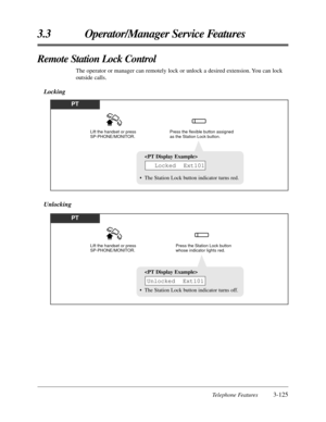 Page 181Telephone Features3-125
3.3 Operator/Manager Service Features
Remote Station Lock Control
The operator or manager can remotely lock or unlock a desired extension. You can lock
outside calls.
Locking
PT
Lift the handset or press 
SP-PHONE/MONITOR.Press the flexible button assigned 
as the Station Lock button.

• The Station Lock button indicator turns red.
Locked  Ext101
PT
Lift the handset or press 
SP-PHONE/MONITOR.Press the Station Lock button 
whose indicator lights red.

• The Station Lock button...
