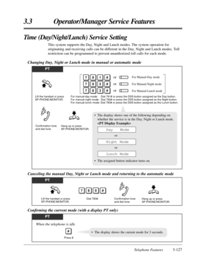 Page 183Telephone Features3-127
3.3 Operator/Manager Service Features
Time (Day/Night/Lunch) Service Setting
This system supports the Day, Night and Lunch modes. The system operation for
originating and receiving calls can be different in the Day, Night and Lunch modes. Toll
restriction can be programmed to prevent unauthorized toll calls for each mode. 
Changing Day, Night or Lunch mode in manual or automatic mode
PT
Lift the handset or press 
SP-PHONE/MONITOR.For manual-day mode:    Dial 781# or press the DSS...