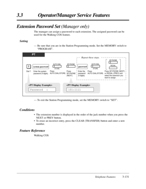 Page 187Telephone Features3-131
3.3 Operator/Manager Service Features
— To exit the Station Programming mode, set the MEMORY switch to “SET”.
Conditions
• The extension number is displayed in the order of the jack number when you press the
NEXT or PREV button.
• To erase an incorrect entry, press the CLEAR (TRANSFER) button and enter a new
number.
Feature Reference
Walking COS
Extension Password Set (Manager only)
The manager can assign a password to each extension. The assigned password can be
used for the...