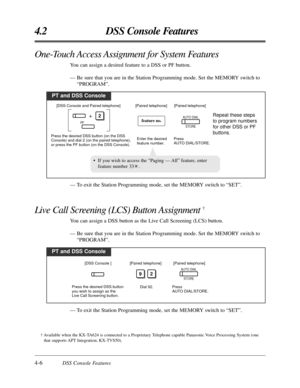 Page 1944-6DSS Console Features
4.2 DSS Console Features
Live Call Screening (LCS) Button Assignment †
You can assign a DSS button as the Live Call Screening (LCS) button.
— Be sure that you are in the Station Programming mode. Set the MEMORY switch to
“PROGRAM”.
PT and DSS Console
Press the desired DSS button 
you wish to assign as the 
Live Call Screening button.Dial 92.
92
Press 
AUTO DIAL/STORE.
AUTO DIAL
STORE
[Paired telephone] [Paired telephone] [DSS Console ]
— To exit the Station Programming mode, set...