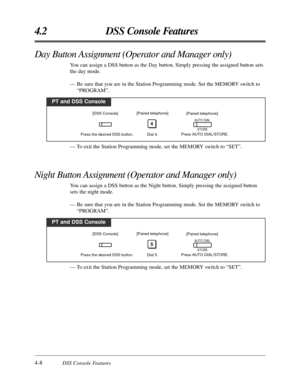 Page 1964-8DSS Console Features
4.2 DSS Console Features
PT and DSS Console
Dial 5.
5
Press the desired DSS button.Press AUTO DIAL/STORE.
AUTO DIAL
STORE
[DSS Console][Paired telephone]
[Paired telephone]
Night Button Assignment (Operator and Manager only)
You can assign a DSS button as the Night button. Simply pressing the assigned button
sets the night mode.
— Be sure that you are in the Station Programming mode. Set the MEMORY switch to
“PROGRAM”.
— To exit the Station Programming mode, set the MEMORY switch...