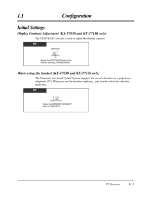 Page 25PT Overview1-13
1.1 Conﬁguration
Initial Settings
Display Contrast Adjustment (KX-T7030 and KX-T7130 only)
The CONTRAST selector is used to adjust the display contrast.
PT
HIGH          LOW
MID
CONTRAST
Adjust the CONTRAST lever to the 
desired setting (LOW/MID/HIGH).
PT
HANDSET      HEADSET
Adjust the HANDSET/HEADSET 
lever to “HEADSET”.
When using the headset (KX-T7030 and KX-T7130 only)
The Panasonic Advanced Hybrid System supports the use of a headset on a proprietary
telephone (PT). When you use the...