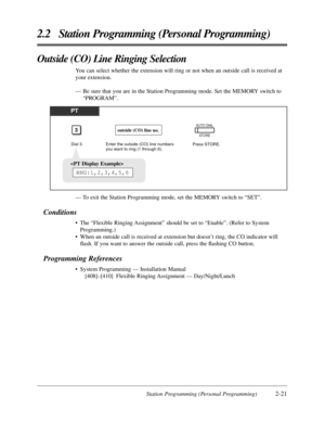 Page 49Station Programming (Personal Programming)2-21
2.2 Station Programming (Personal Programming)
Outside (CO) Line Ringing Selection
You can select whether the extension will ring or not when an outside call is received at
your extension.
— Be sure that you are in the Station Programming mode. Set the MEMORY switch to
“PROGRAM”.
PT
Press STORE.
AUTO DIAL
STORE
Dial 3.
3
Enter the outside (CO) line numbers 
you want to ring (1 through 6).
outside (CO) line no.

RNG:1,2,3,4,5,6
— To exit the Station...