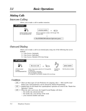 Page 583-2Telephone Features
3.1 Basic Operations
Making Calls
Intercom Calling
Allows you to make a call to another extension.
PT and SLT
Lift the handset or press 
SP-PHONE/MONITOR.Enter an extension number (100 through 199).
or press DSS.
extension numberor
• The INTERCOM indicator light turns green.
PT and SLT
Lift the handset 
or press 
SP-PHONE/MONITOR.
Enter a line access code (9 or 81 through 86).
or press CO.
9: Line Access, Automatic
CO: Line Access, Individual
81 through 86: Line Access, Outside (CO)...