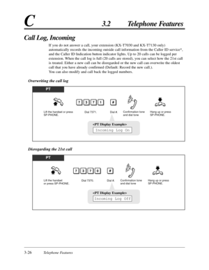 Page 823-26Telephone Features
C3.2 Telephone Features
Call Log, Incoming
If you do not answer a call, your extension (KX-T7030 and KX-T7130 only)
automatically records the incoming outside call information from the Caller ID service*,
and the Caller ID Indication button indicator lights. Up to 20 calls can be logged per
extension. When the call log is full (20 calls are stored), you can select how the 21st call
is treated. Either a new call can be disregarded or the new call can overwrite the oldest
call that...