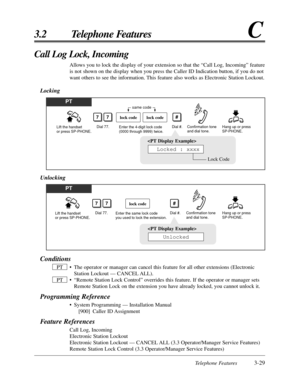Page 85Telephone Features3-29
3.2 Telephone FeaturesC
Call Log Lock, Incoming
Allows you to lock the display of your extension so that the “Call Log, Incoming” feature
is not shown on the display when you press the Caller ID Indication button, if you do not
want others to see the information. This feature also works as Electronic Station Lockout.
Locking
PT
Lift the handset 
or press SP-PHONE.Dial 77. Hang up or press 
SP-PHONE.Enter the 4-digit lock code 
(0000 through 9999) twice.Dial #.
77lock codelock code...