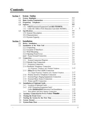 Page 11ContentsSection 1
1.1
1.2
1.3
1.4
1.5
Section 2
2.1
2.2
2.3
2.4
2.5
2.6
2.7
2.8
2.9
System Outline
System Highlights.............................................................................Basic System Construction
..............................................................
Proprietary Telephones....................................................................
Options...............................................................................................
1.4.14-SLT Extension Expansion...