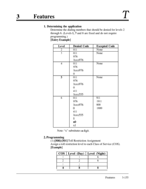 Page 215FeaturesT
1. Determining the application
Determine the dialing numbers that should be denied for levels 2
through 6. (Levels 
1,7 and 8 are fixed and do not require
programming.)
[Entry Example]
Level
2
3
4
5
6
Denied Code
011
011
976
lxxx976
011
976
lxxx976
0
011
976
lxxx976
0
411
lxxx555
011
976
lxxx976
0
411
lxxx555
1,
x0xl
Excepted Code
None
None
None
None
911
1911
800
1800
Note: “x” substitutes .a digit.
2. Programming
(1) [500]-[501] Toll Restriction Assignment
Assign a toll restriction level to...