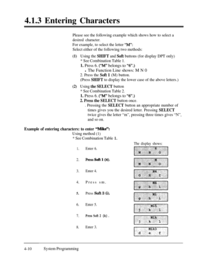 Page 2454.1.3 Entering CharactersPlease see the following example which shows how to select a
desired character.
For example, to select the letter ‘%I”:
Select either of the following two methods:
(1)Using the SHIFT and Soft buttons (for display DPT only)
* See Combination Table 1.
1. Press 6. (WI” belongs to “V.)l The Function Line shows: M N 0
2. Press the Soft 1 (M) button.
(Press 
SHIFT to display the lower case of the above letters.)
(2)Using the SELECT button
* See Combination Table 2.
1. Press 6. (“M”...