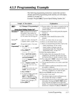Page 2484.1.5 Programming ExampleThe following programming instructions assume that you have
already entered the programming mode and that you will employ
method (2) on page 4-8.
Example: Program 
[OOl] “System Speed Dialing Number Set”
I
Sample of DescriptionI
I
1Explanation
001(l)4.2 Manager Programming@ i(1) Program address: This address is printed at the top
Iof every page to allow you to quickly find theI
Idesired program.
Description (‘)Us&l to program the System Speed:(2) Running title: tells you which...