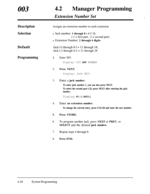 Page 25500342
lManager Programming
Extension Number Set.
DescriptionAssigns an extension number to each extension.
Selectionl Jack number: 1 through 8 (-1 / -2)
(-1 = first part, -2 = second part)
l Extension Number: 2 through 4 digitsDefault
Jack l-l through 8-l = 11 through 18;
Jack l-2 through 8-2 = 21 through 28
Programming1.Enter 003.
Display: 003 EXT NUMBER
2.Press NEXT.
Display: Jack NO?+
3.Enter a jack number.
To enter jack number 1, you can also press NEXT.
To select the second part 
(-2), press NEXT...