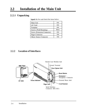 Page 31220Installation of the Main Unit2.2.1 Unpacking
Unpack the box and check the items below:
Main Unitone
AC Cordone
Templateone
Screws (Wall Mounting)three
Screw (Extension Connector)one
Pager Connectorone
Music Source Connectorone
2.2.2Location of Interfaces
Outside Line Modular Jack
Ground Terminal
Doorphone Connector
External Music Jack
Serial Interface
Connector (RS-232C)
2-4Installation 