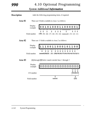 Page 3779904.10 Optional Programming
System Additional haformation
DescriptionAdds the following programming items, if required:
Area 01There are 9 fields available in Area 1 as follows:
Display
example0010100011000001
----------
LLJ.-1L1L L111
Field number(10) (9) (8) (7) (6) (5) (4) (unused) (3) (2) (1)
Area 02There are 13 fields available in Area 2 as follows:
Display
example1110011000101100
-_------------
1 J-1 4. LLLL1su-L
Field number(unused)(26)(22) .(21) (20)(19)(18)(17)(16)(15)(14)(13)(12)(11)
Area...