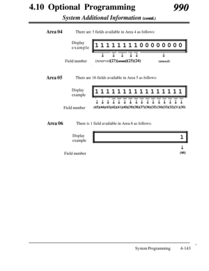 Page 3784.10 Optional ProgrammingSystem Additional Information (contd.)
990
Area 04There are 3 fields available in Area 4 as follows:
Area 05
Area 06
Displayexample1111111100000000
---m
L1 J. &J.1
Field number(reserved) (27)(unW$o(5)(24)
.
There are 16 fields available in Area 5 as follows:
(unused)
Display
example1111111111111111
-------------A--
.LIILIILIIII~IIIL
Field number(45)(44)(43)(42)(41)(40)(39)(38)(37)(36)(35)(34)(33)(32)(31)(30)
There is 1 field available in Area 6 as follows:
Display
example1
Field...