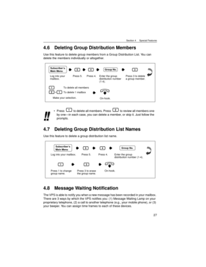 Page 27Section 4     Special Features
27
4.6 Deleting Group Distribution Members
Use this feature to delete group members from a Group Distribution List. You can 
delete the members individually or altogether.
4.7 Deleting Group Distribution List Names
Use this feature to delete a group distribution list name.
4.8 Message Waiting Notification
The VPS is able to notify you when a new message has been recorded in your mailbox. 
There are 3 ways by which the VPS notifies you: (1) Message Waiting Lamp on your...