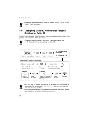 Page 32Section 4     Special Features
32
4.11 Assigning Caller ID Numbers for Personal 
Greeting for Caller ID
Use this feature to assign Caller ID numbers for prerecorded personal greetings. Each 
greeting supports up to 8 Caller ID numbers.When you change the greeting, follow the steps in TO RECORD FOR THE 
FIRST TIME to rerecord.
To assign Caller ID numbers, first record a personal greeting (see 
4.10 Recording Personal Greetings for Caller ID).
For the Caller ID Number, you can use   as a wild card. For...