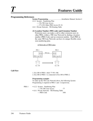 Page 255TFeatures Guide
246 Features Guide
Programming References
System Programming................................Installation Manual, Section 4
4.2.2  System - Numbering Plan
Ñ (76) TIE Line Access
Ñ (77)-(92) Other PBX Access 01-16
4.8.1  Private Network - TIE Routing Table
(2) Location Number (PBX code) and Extension Number
Extension users can make a call to other extension users in
other PBXs within a TIE Line Network by dialing a location
number (PBX Code) and an extension number.  Each PBX in
the same...